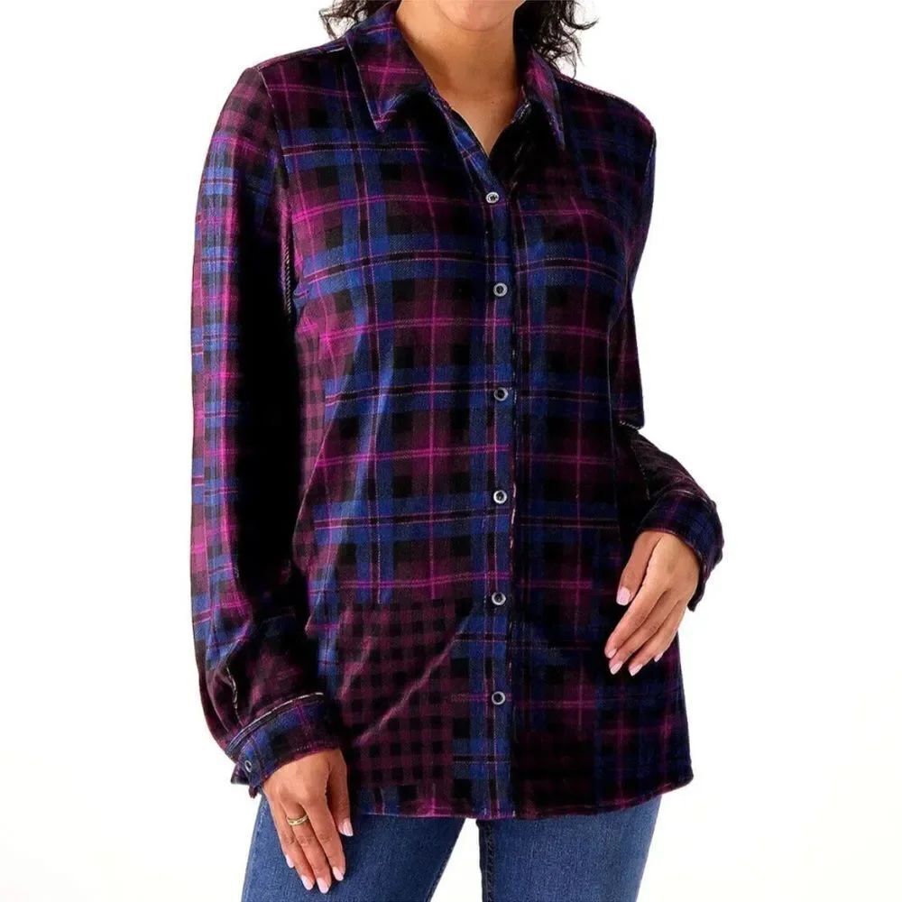 Susan Graver Weekend Regular Plaid Knit Corduroy Button Up Shirt